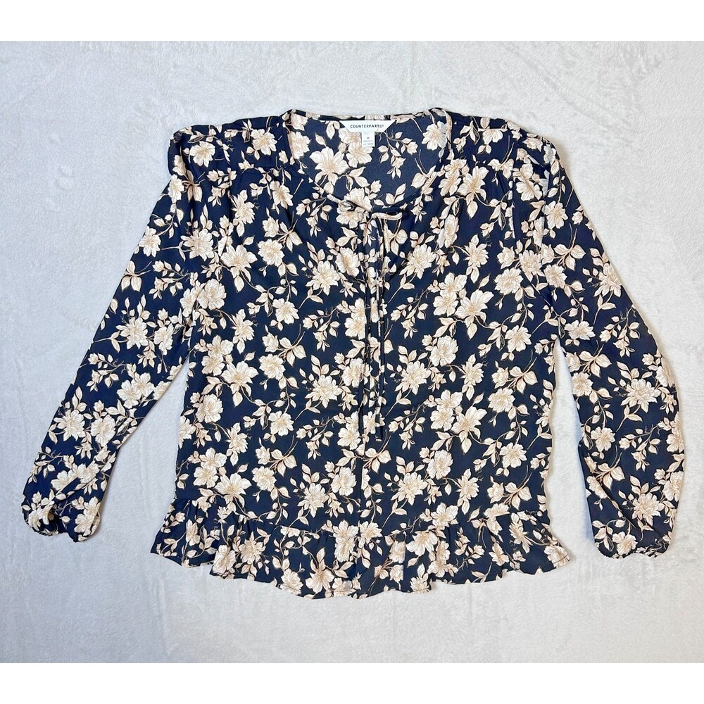 Counterparts Black/Tan Floral Tie Front Ruffle Women's Blouse Size Medium